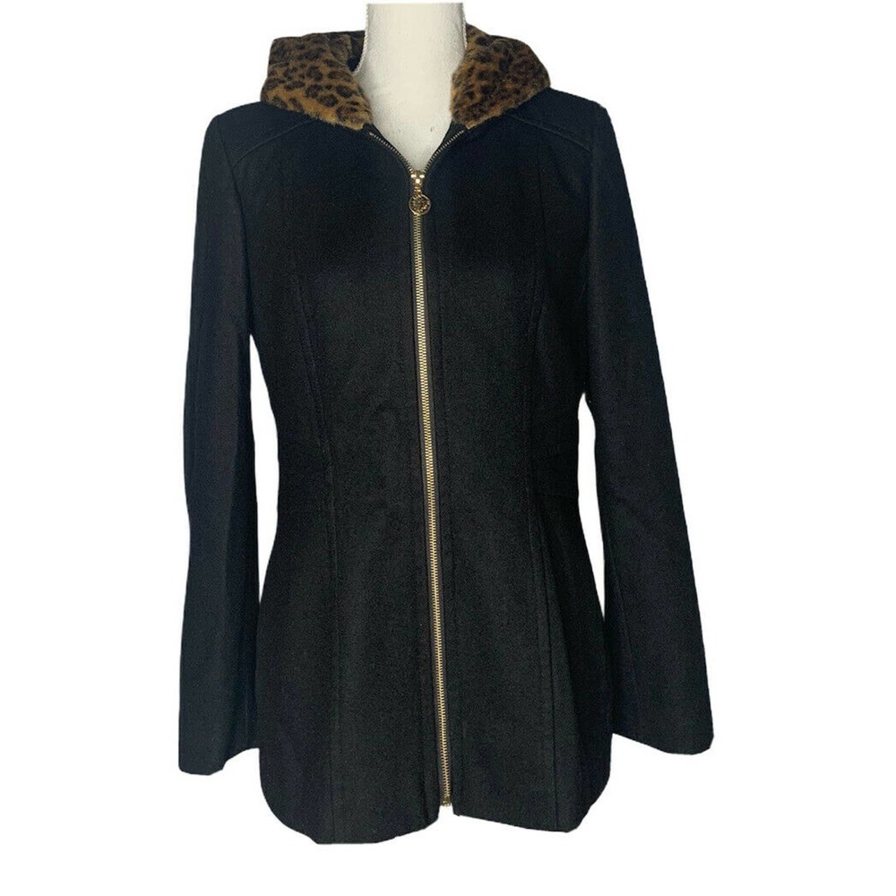 Womens ANNE KLEIN Black Wool Blend Coat Animal Print Faux Fur Hood‎ Zip Front Sm